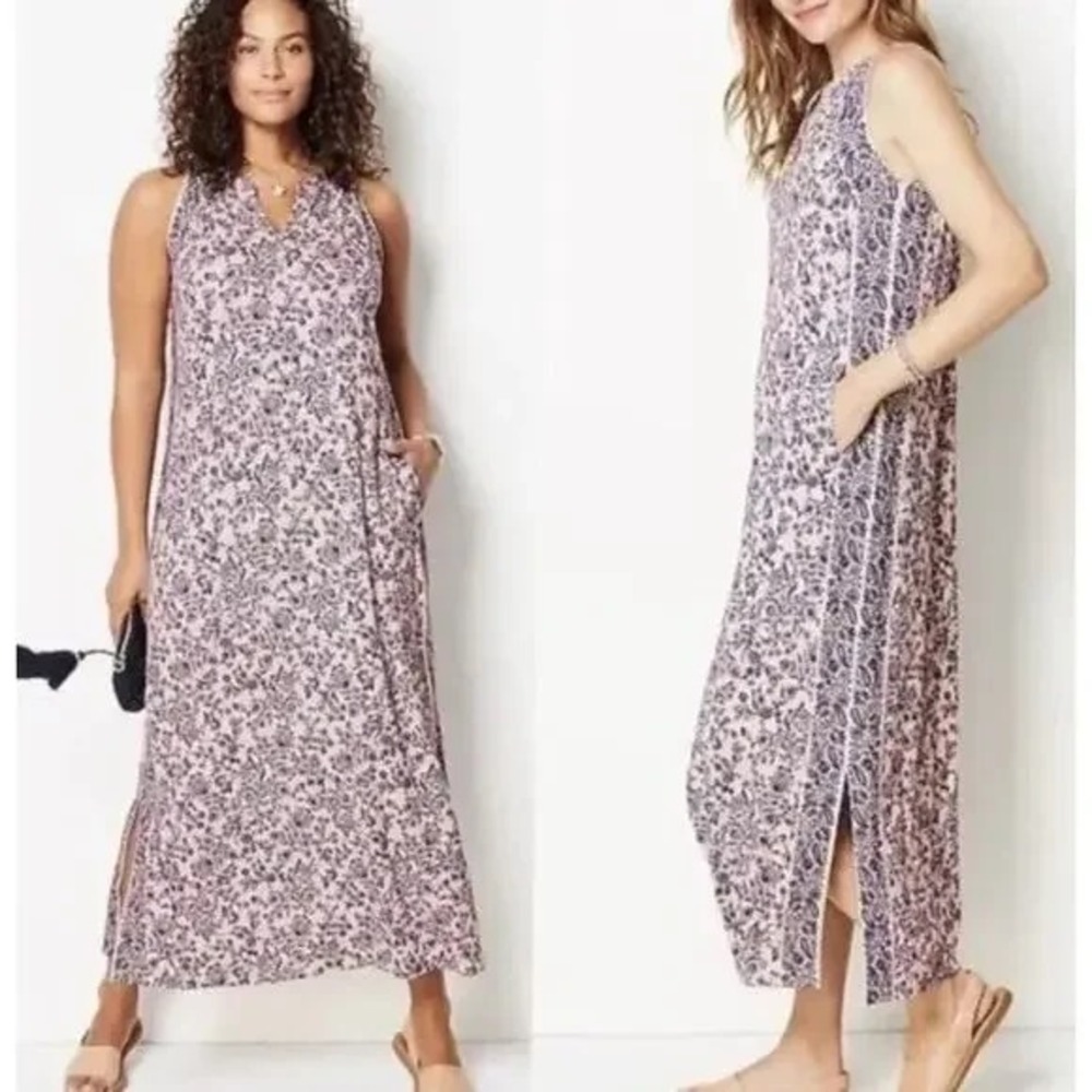 J JILL Womens Sz XS Island Breeze‎ Pink and Blue Stretch Floral Maxi Dress Slits